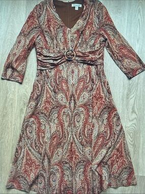 Coldwater Creek Red Rust Paisley Midi Dress with Brown Detail